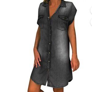 Black distressed denim sleeveless pocket button up dress